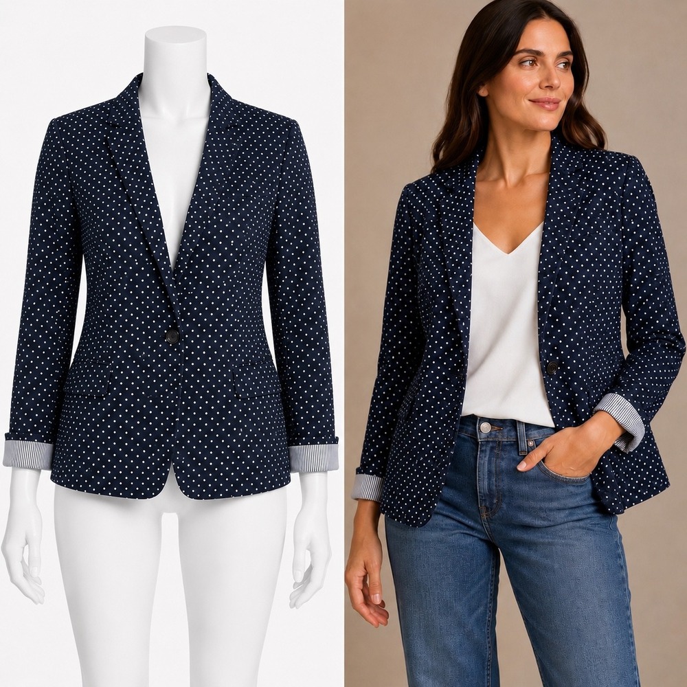 J.Crew Regent Blazer Womens 10 Navy Blue White Polka Dot Linen One Button Preppy